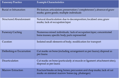 Table 1. Summary table of characteristics of funerary practices (after Defleur et al. 1999; Klein 2009; Larsen 1997; Parker Pearson 1999; Pettitt 2011).